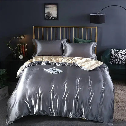 Shiny silver satin duvet cover bedding set with gold inner lining and matching fitted sheet by DecorBites™ luxury silk