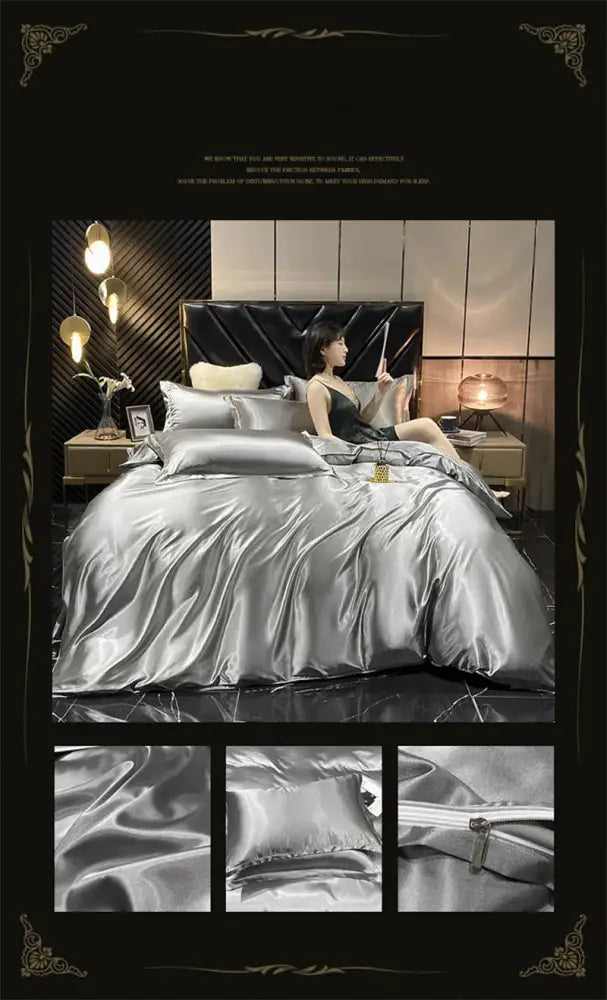 Shiny silver satin DecorBites™ luxury silk bedding set with duvet cover, fitted sheet, pillowcases, and plush headboard