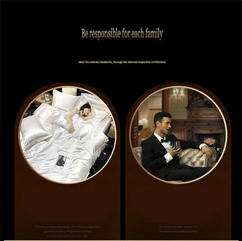 Decorbites™ luxury silk bedding set with fitted sheet and silky white satin duvet cover with subtle sheen on bed