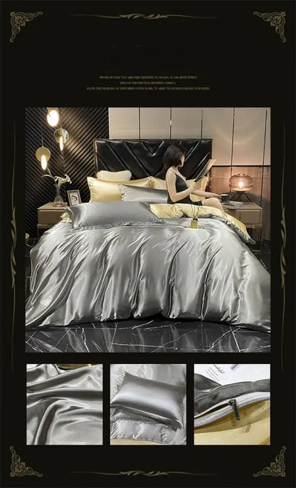 Silver satin decorbites luxury silk bedding set with fitted sheet and duvet cover on quilted headboard bed