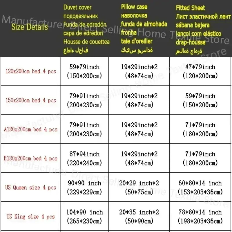 A table listing sizes and dimensions for duvet cover fitted sheet and pillow cases in multiple languages for decorbites luxury silk bedding set queen king