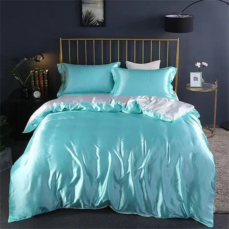 DecorBites luxury silk bedding set queen king turquoise satin duvet cover with subtle silver trim and fitted sheet