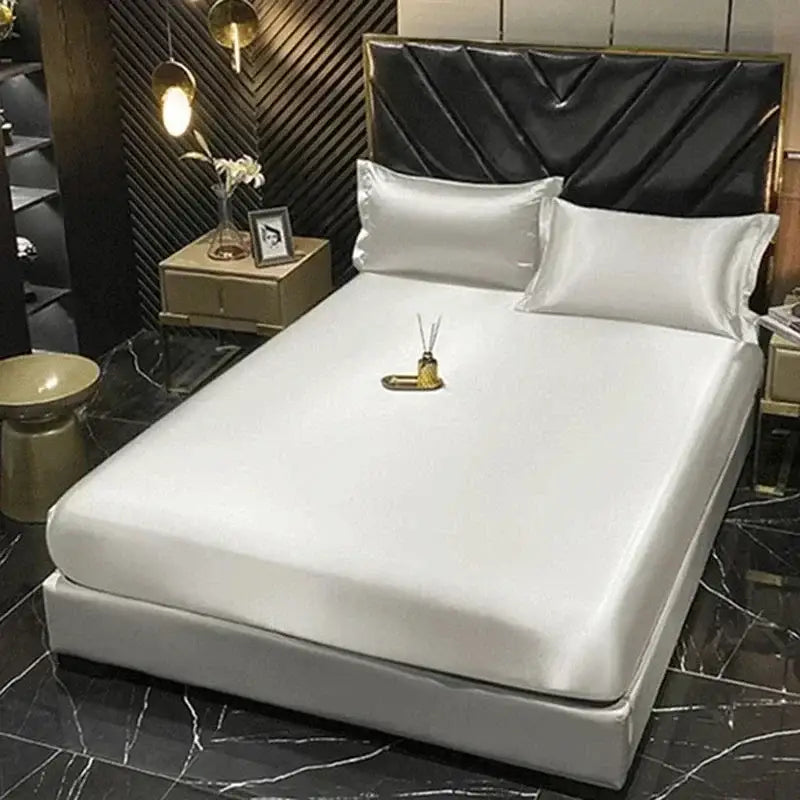 White satin fitted sheet from decorbites luxury silk bedding set with smooth glossy finish for queen king beds