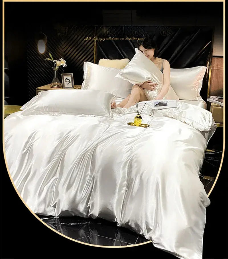 White satin DecorBites™ luxury silk bedding set with duvet cover and fitted sheet in queen king size with glossy finish