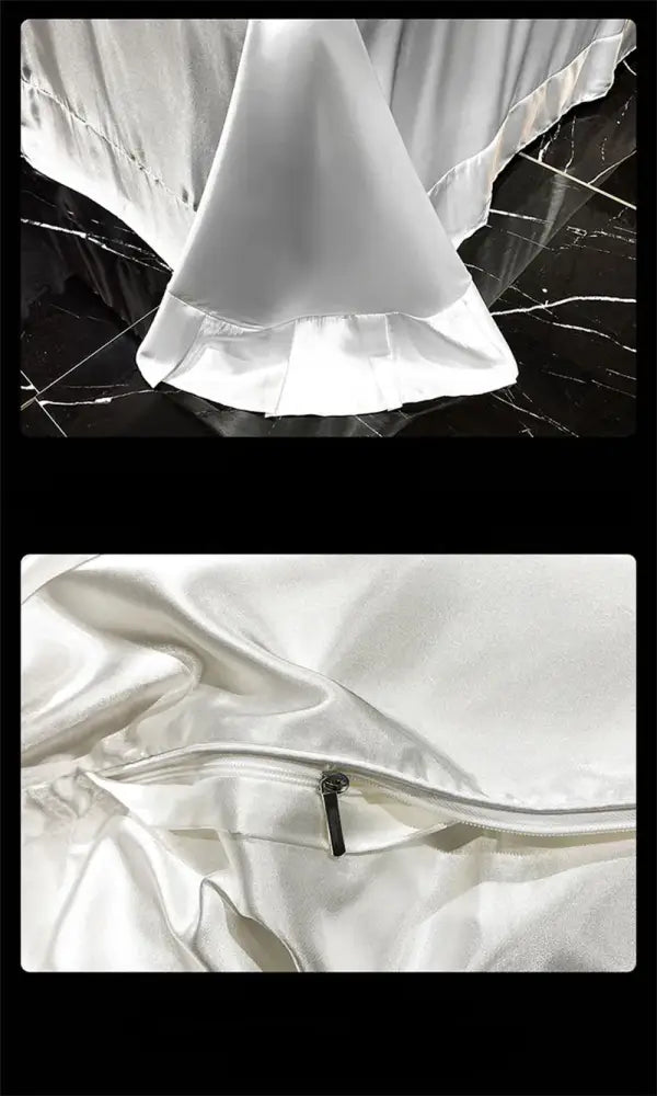 White satin pillowcase with ruffled edge and zipper closure from DecorBites luxury silk bedding set for queen king with fitted sheet