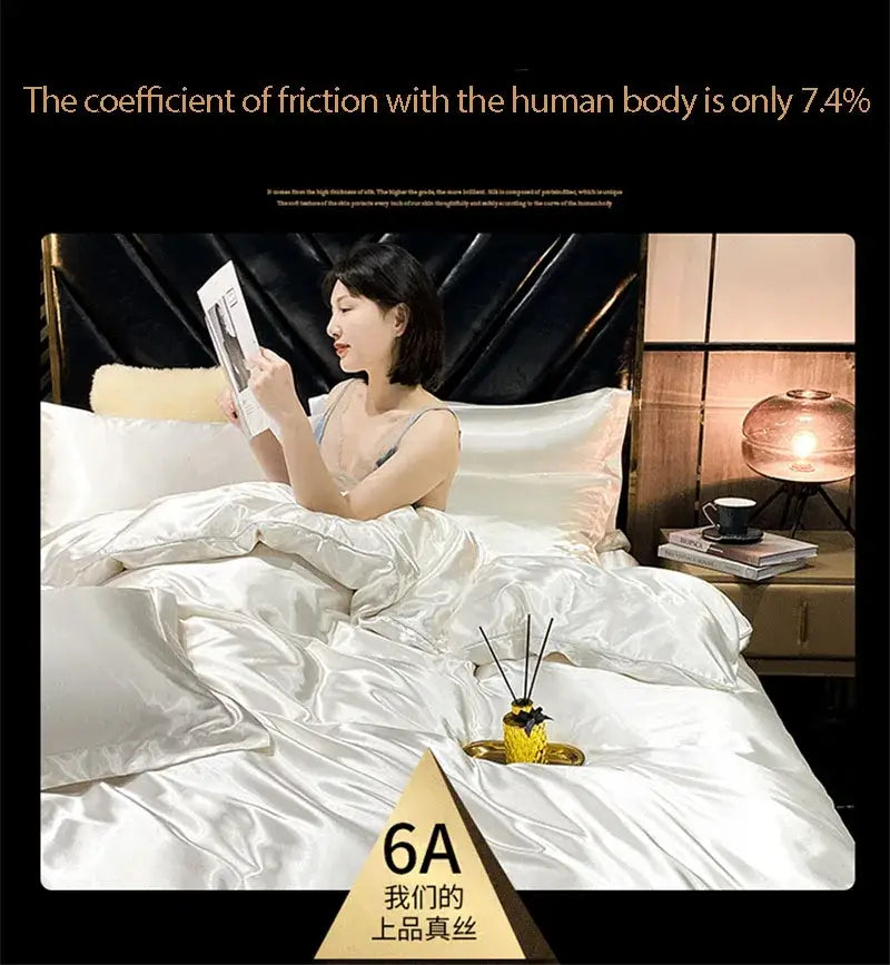 White satin duvet cover with smooth glossy finish and elegant folds in decorbites luxury silk bedding set queen king