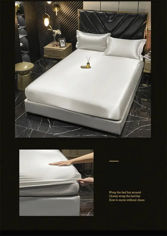 White satin bed hat with elasticized edges and glossy finish from decorbites luxury silk bedding set for fitted sheet use
