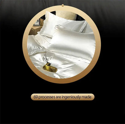 White satin pillowcases with a smooth glossy finish from the DecorBites luxury silk bedding set including fitted sheet and duvet cover