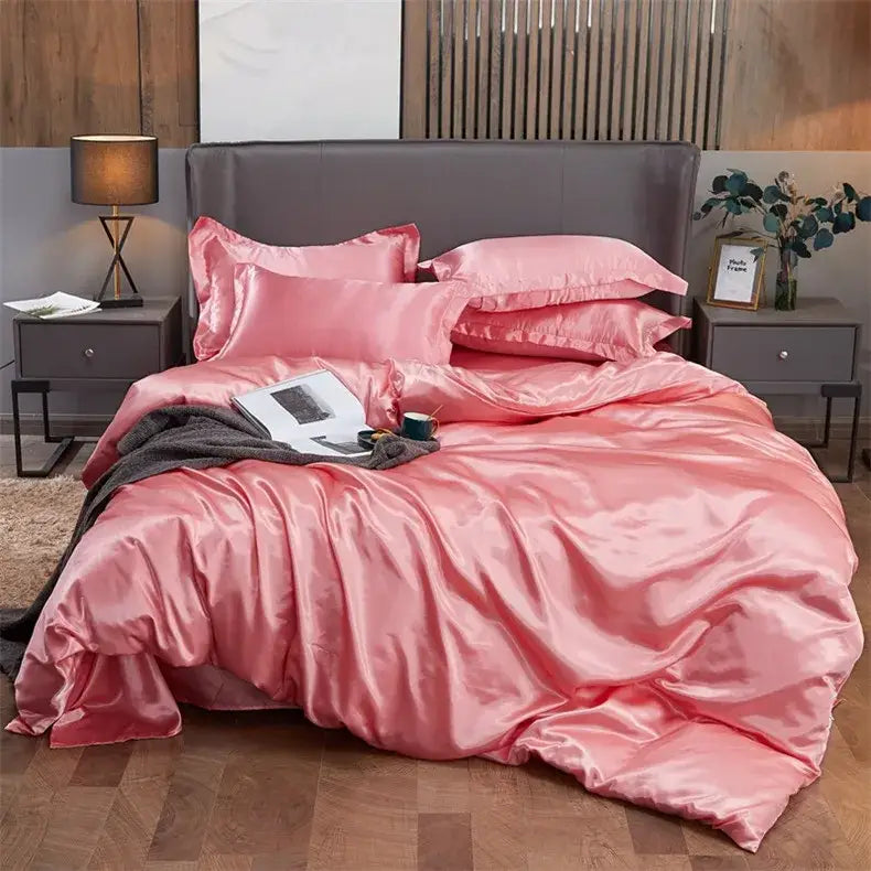 Pink satin solid color bedding set with pcduvet cover and matching pillows for twin queen king width bed by decorbites