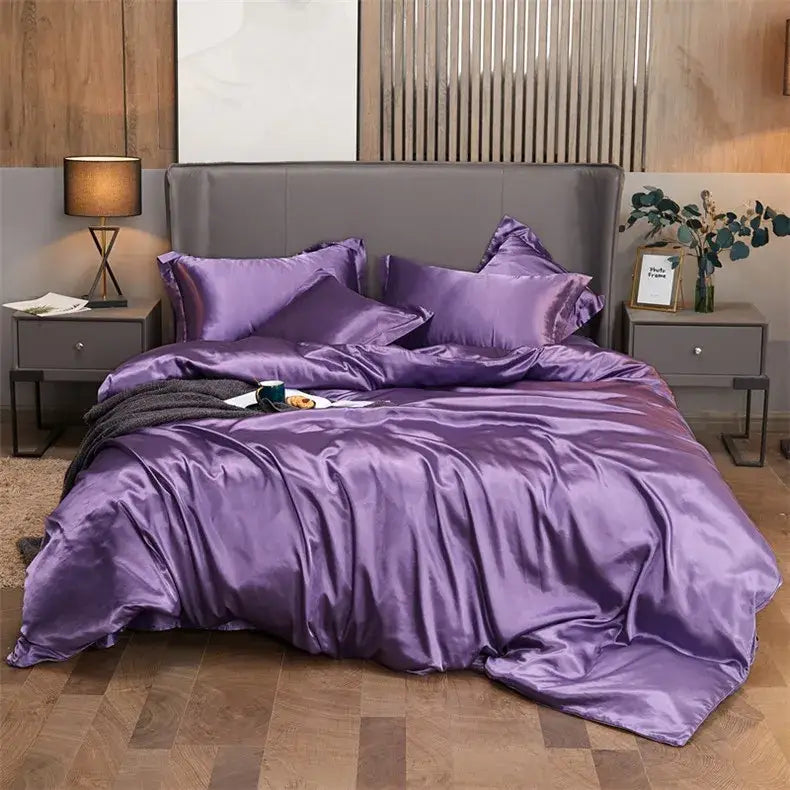 Decorbites luxury solid color bedding set with purple satin pcduvet cover and matching pillows for width bed sizes