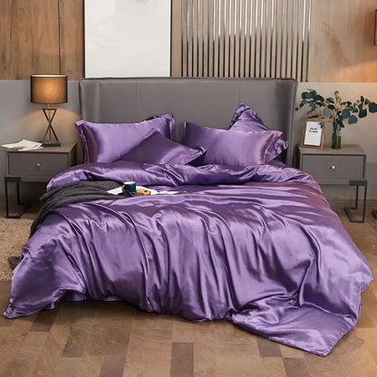 Decorbites luxury solid color satin bedding set in lustrous purple with matching pillows and pcduvet cover for width bed