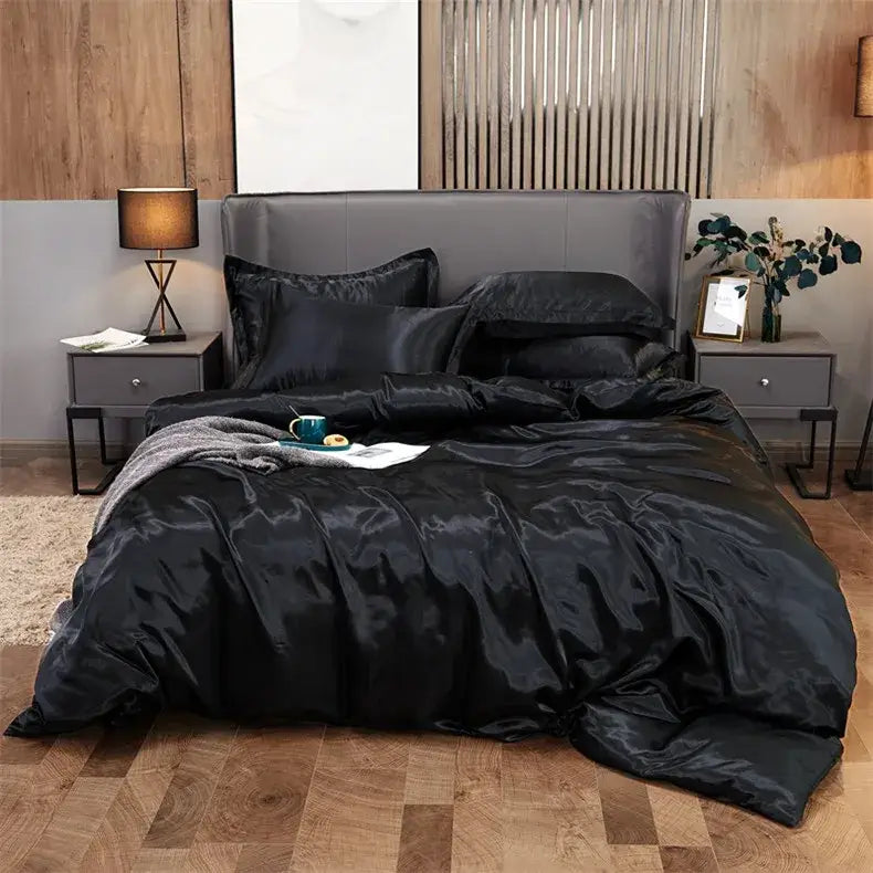 Decorbites™ luxury solid color black satin bedding set with glossy finish and matching pillows for width bed with pcduvet cover