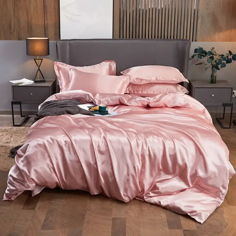 DecorBites luxury solid color pink satin bedding set with glossy finish and matching pillows for twin queen king width bed