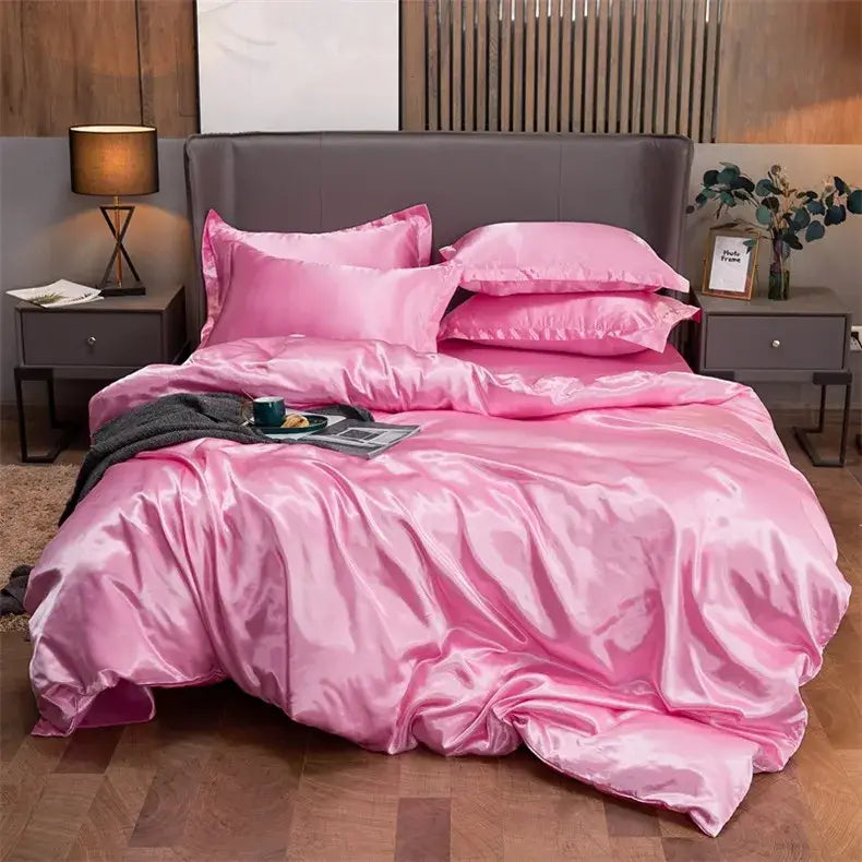 Pink satin solid color decorbites luxury bedding set with matching pcduvet cover for twin queen king width bed