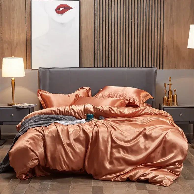 Copper satin solid color decorbites luxury bedding set with matching pillows and dark gray throw blanket for width bed