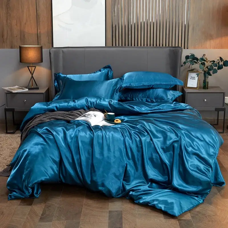 Decorbites™ luxury solid color teal satin pcduvet cover bedding set with silky reflective finish for width bed sizes