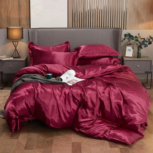 Decorbites™ luxury solid color pcduvet cover set in rich burgundy satin with plush texture for twin to king width bed