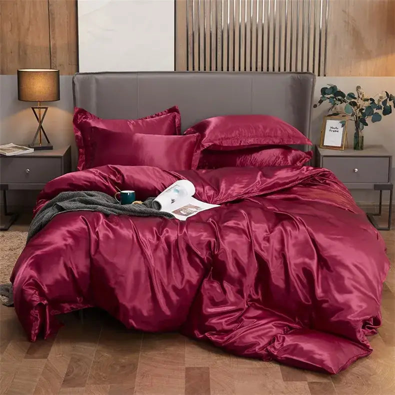 Decorbites luxury solid color pcduvet cover set in rich burgundy satin with smooth glossy finish for twin to king width bed