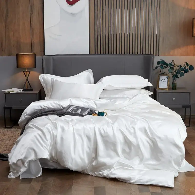 Decorbites luxury white satin pcduvet cover set with solid color smooth glossy finish for twin to king width bed