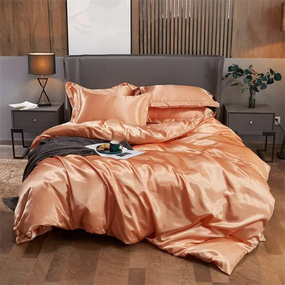 Decorbites™ luxury solid color peach satin bedding set with pcduvet cover and matching pillows for width bed use
