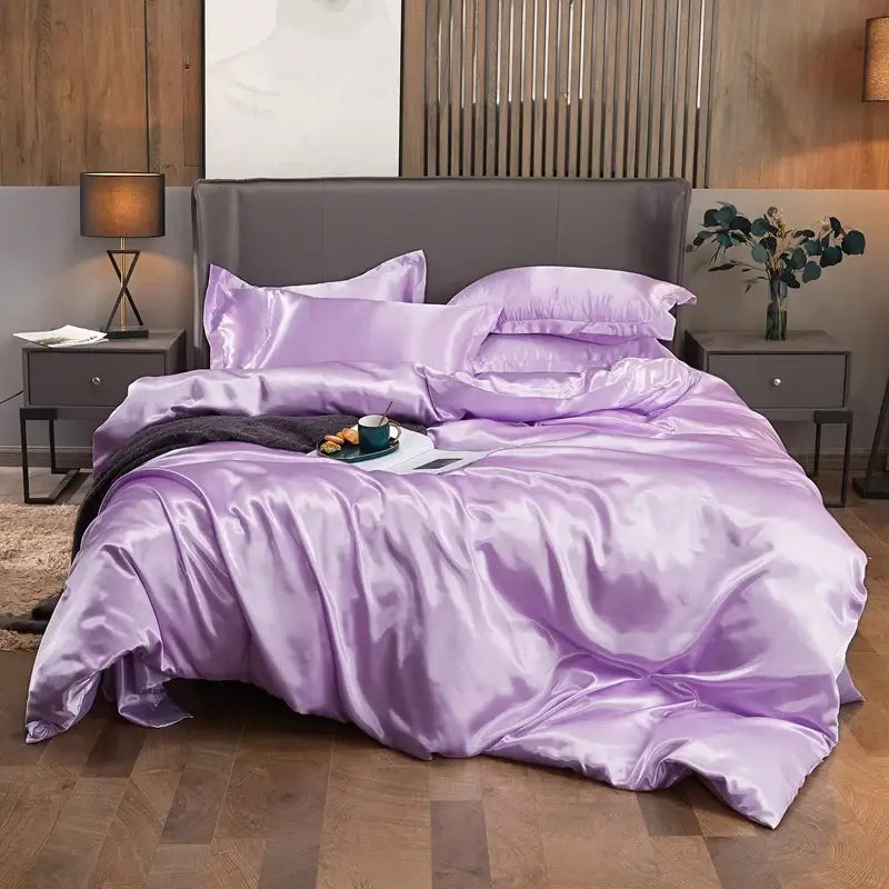 Lavender satin decorbites luxury solid color bedding set with glossy smooth finish for width bed pcduvet cover use