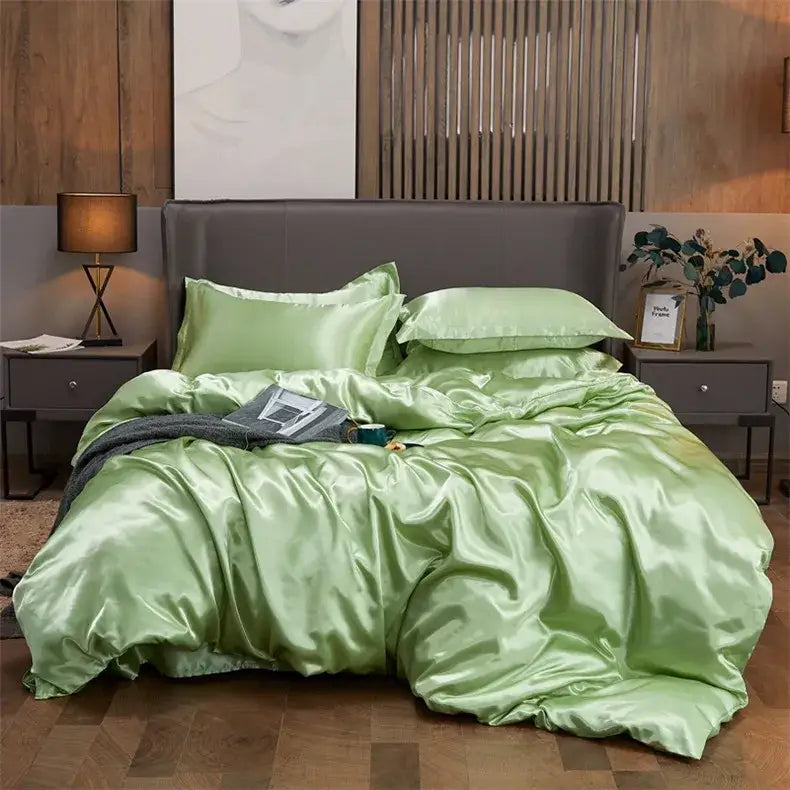 Lush mint green satin bedding set by DecorBites™ features a glossy solid color finish with pcduvet cover for width bed