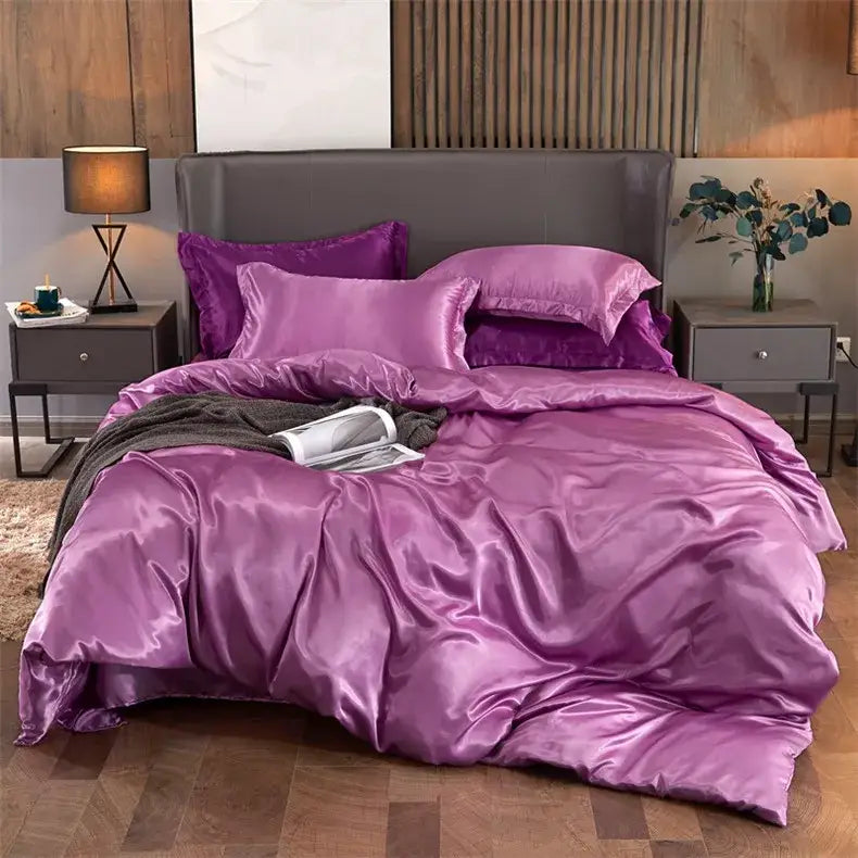 Lush purple satin solid color bedding set by decorbites with glossy finish for width bed and pcduvet cover use
