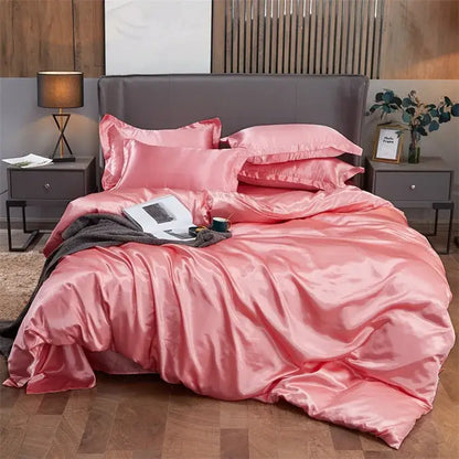 Pink satin decorbites luxury solid color bedding set with glossy finish pcduvet cover and matching pillows for width bed