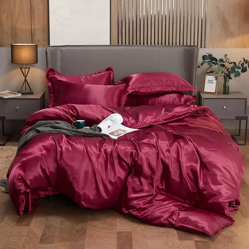 Decorbites luxury solid color satin bedding set in rich burgundy with smooth glossy finish and plush texture for width bed