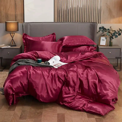 Decorbites luxury solid color satin bedding set in rich burgundy with smooth glossy finish and plush texture for width bed