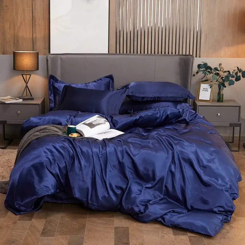 Royal blue solid color satin bedding set by DecorBites™ with glossy finish and width bed pcduvet cover design