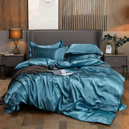 Teal solid color DecorBites luxury satin bedding set with four pieces including pcduvet cover for width bed