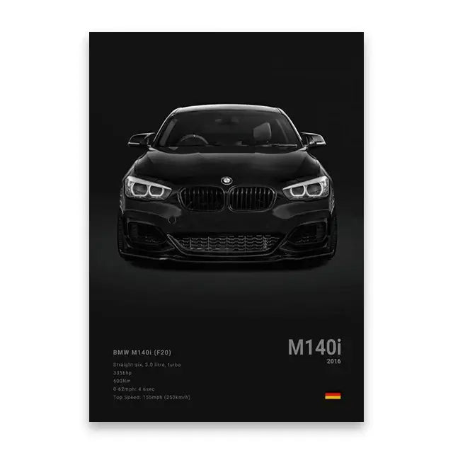 Black bmw m140i canvas wall art with sleek glossy finish and iconic kidney grille in decorbites luxury sports car design