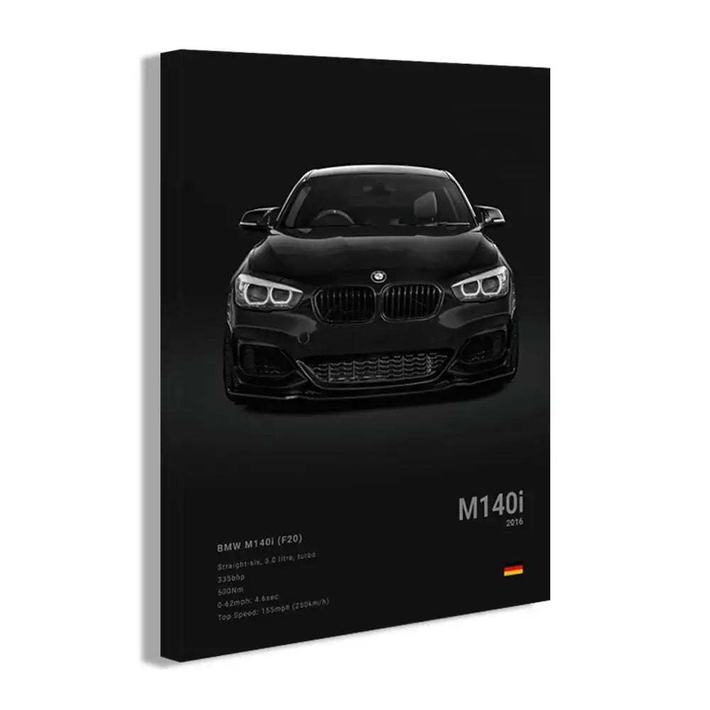 Black bmw m140i 2016 canvas wall art with sleek glossy finish and white text detailing by DecorBites™ luxury sports car wall art