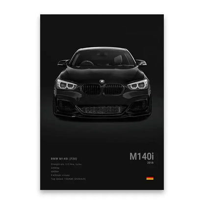 Black bmw m140i car poster with glossy finish and kidney grille design featured in decorbites™ luxury canvas wall art