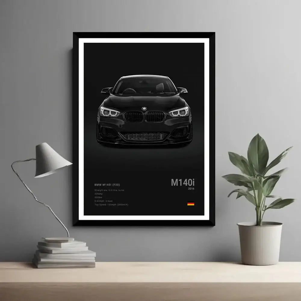 Black framed canvas wall art featuring a sleek glossy black bmw m140i with german flag and white text by decorbites™