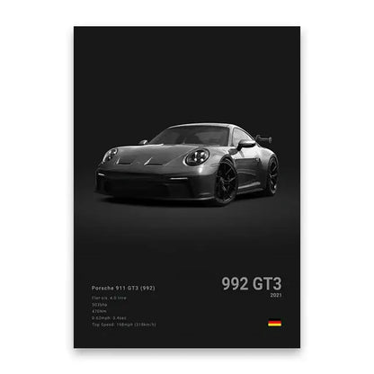 Decorbites™ luxury sports car canvas wall art featuring a black porsche 911 gt3 with matte finish and aerodynamic design