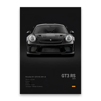 Decorbites luxury sports car canvas wall art featuring a black porsche 911 gt3 rs with sleek design and aggressive grille