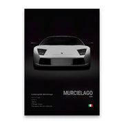 White Lamborghini Murcielago 2001 canvas wall art featuring a sleek sports car with angular headlights and grille design