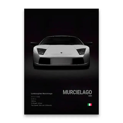 White lamborghini murcielago 2001 poster featuring sleek sports car design on luxury canvas wall art by decorbites