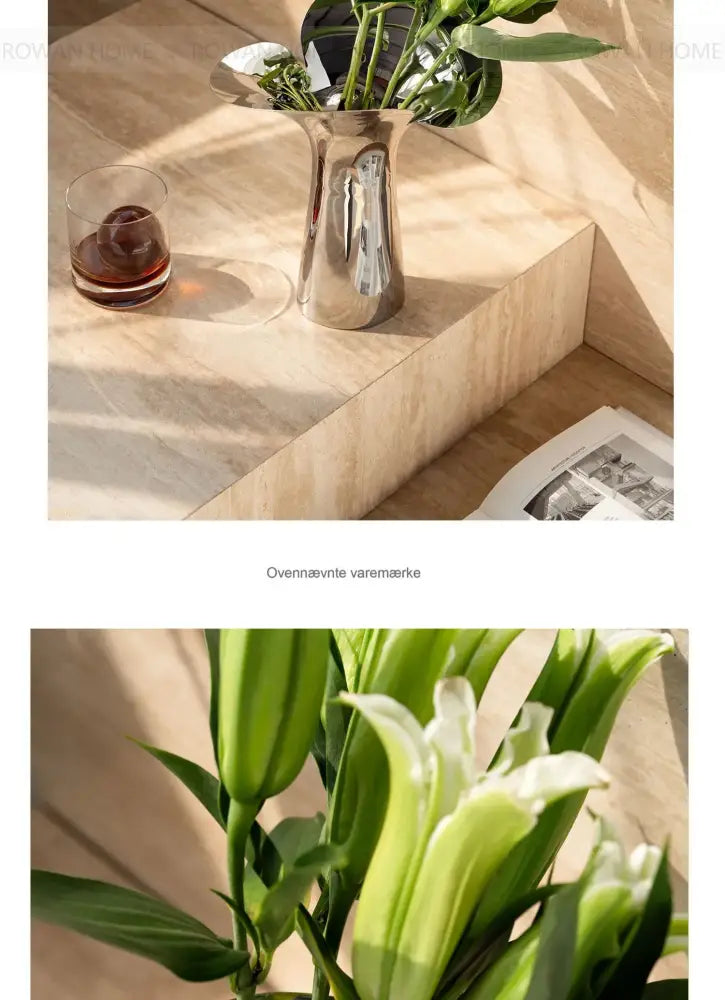 DecorBites™ luxury stainless steel vase in metallic silver with flared rim holding fresh green lily stems for home decor