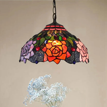 DecorBites™ luxury Tiffany style stained glass pendant light with vibrant orange pink purple rose designs and green leaves