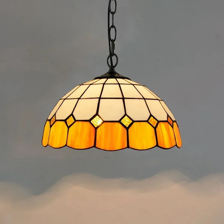 DecorBites™ luxury tiffany style stained glass pendant light with warm cream and amber hexagonal dome shade
