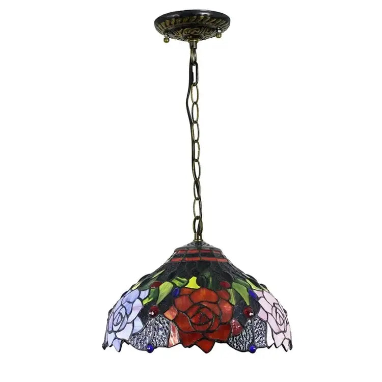DecorBites luxury Tiffany style stained glass pendant light with a red rose and ornate dark metal frame suspension