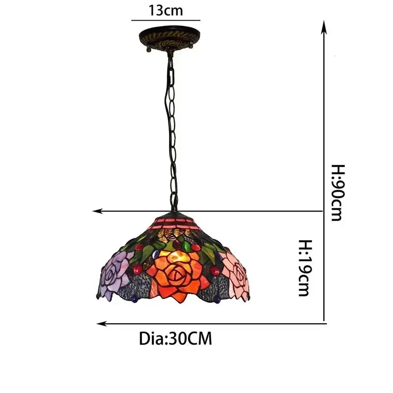 DecorBites™ luxury tiffany style stained glass pendant light with vibrant rose floral design and dark green leaves