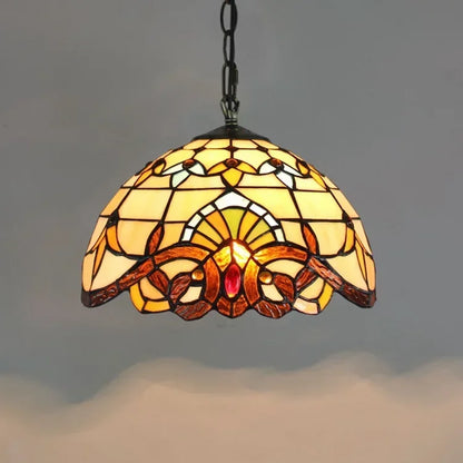 DecorBites™ luxury Tiffany style stained glass pendant light with warm amber floral and fan patterns in glass pendant design