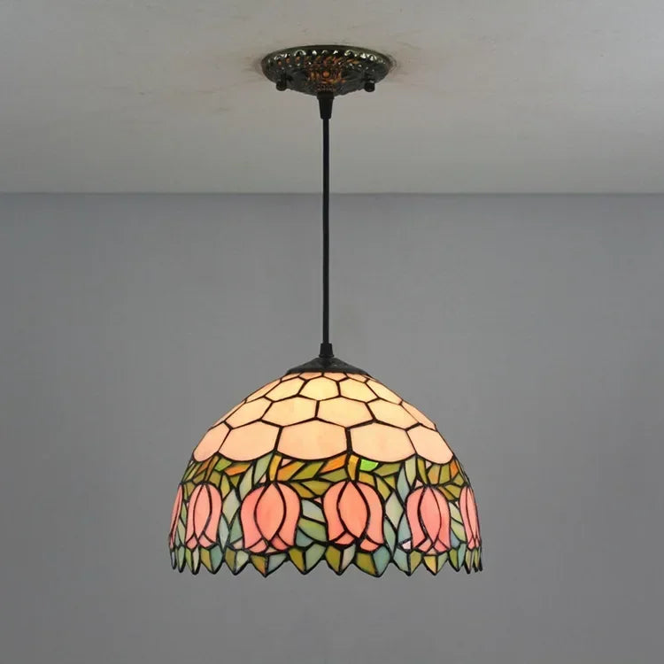 Decorbites luxury tiffany style stained glass pendant light in peach with hexagonal floral design suspended by black rod