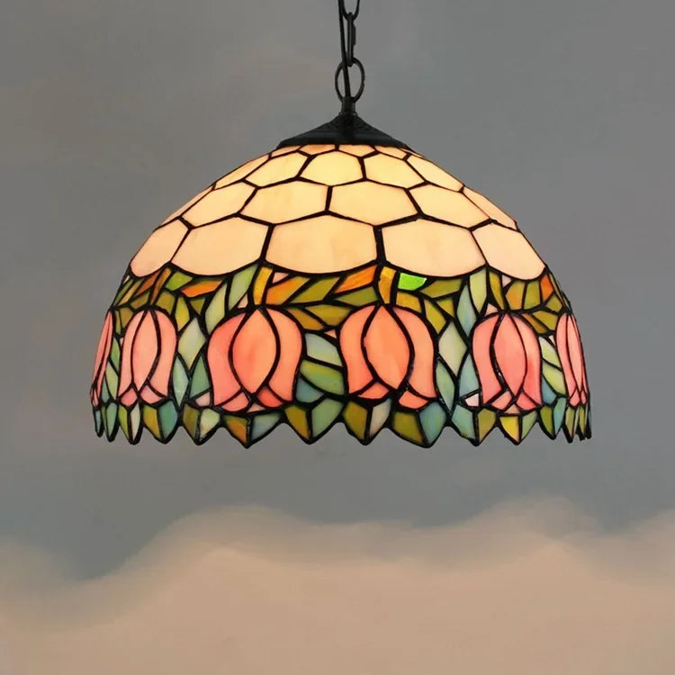 DecorBites™ luxury tiffany style stained glass pendant light with honeycomb pattern and pink peach blossoms in warm cream tones