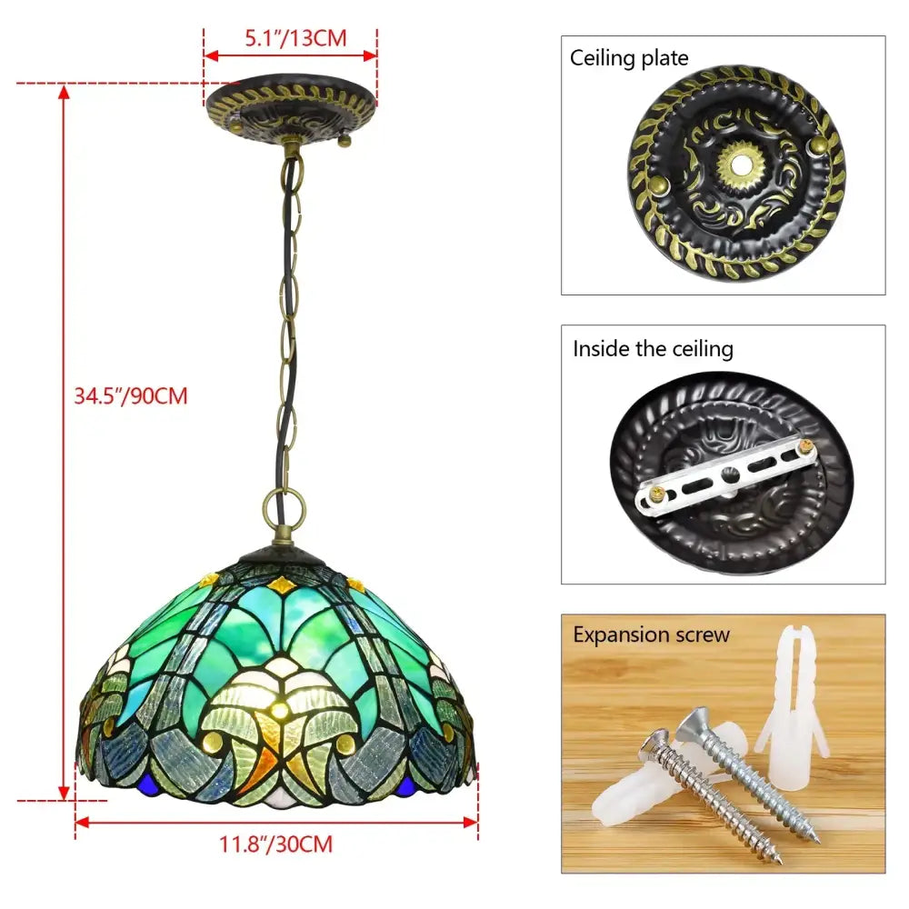 DecorBites™ luxury tiffany style stained glass pendant light with green blue and gold ornate floral glass pendant design