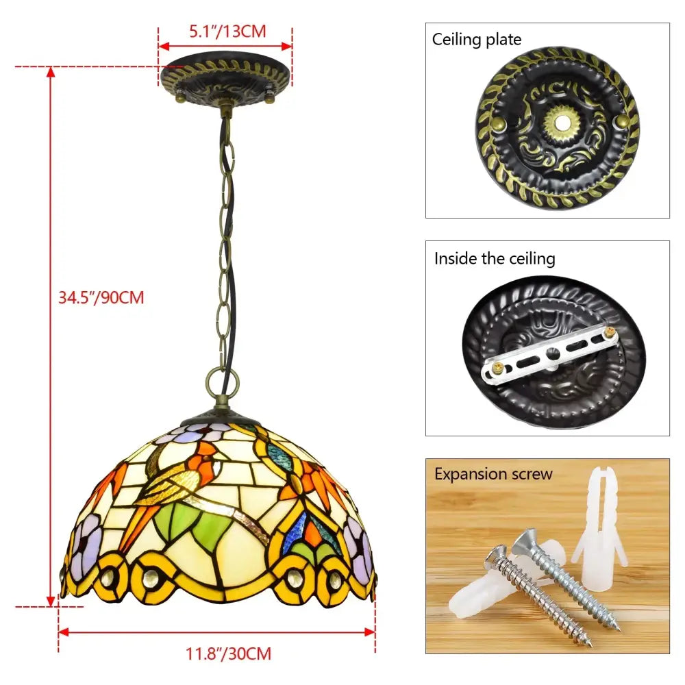 DecorBites™ luxury Tiffany style stained glass pendant light with bird and floral mosaic in vibrant colors